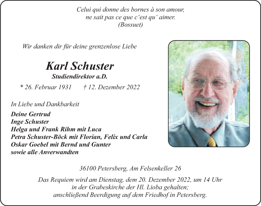  Traueranzeige für Karl Schuster vom 16.12.2022 aus FZ
