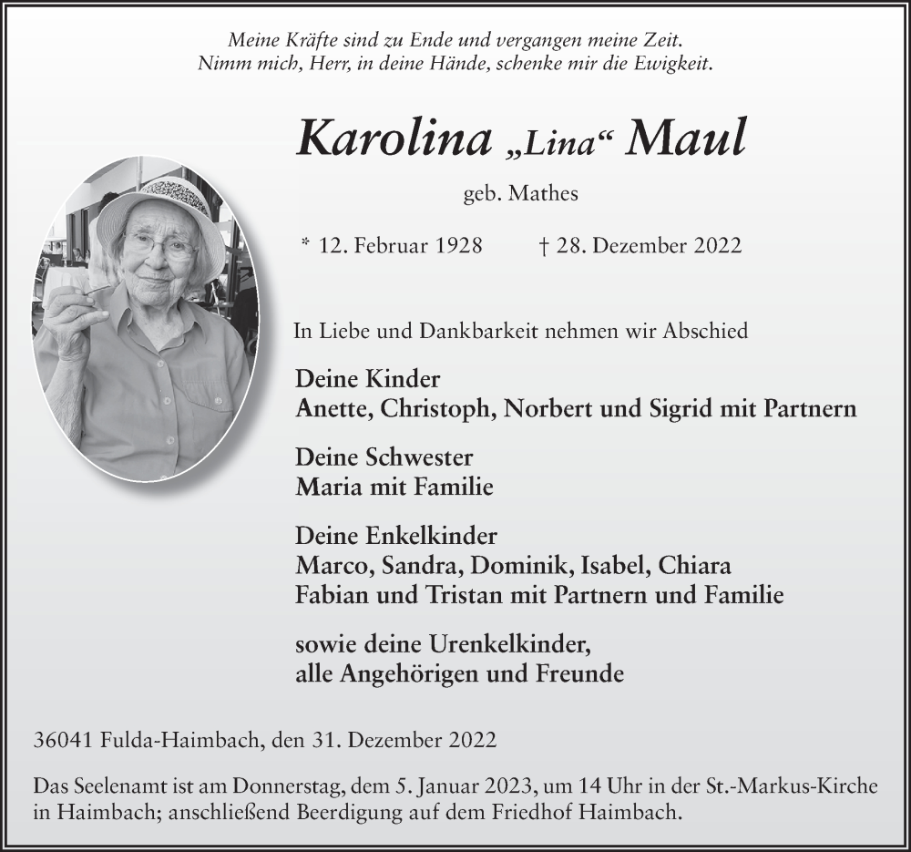  Traueranzeige für Karolina Maul vom 31.12.2022 aus FZ