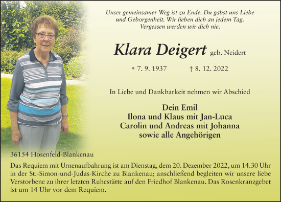 Traueranzeige von Klara Deigert von FZ