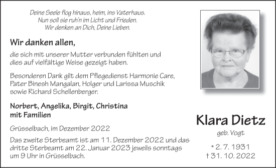 Traueranzeige von Klara Dietz von FZ