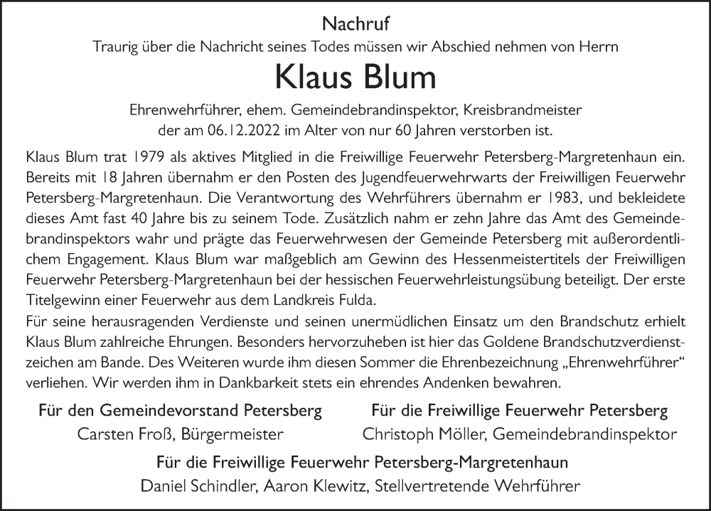  Traueranzeige für Klaus Blum vom 10.12.2022 aus FZ