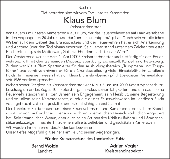 Traueranzeige von Klaus Blum