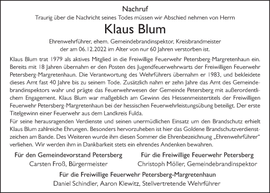 Traueranzeige von Klaus Blum