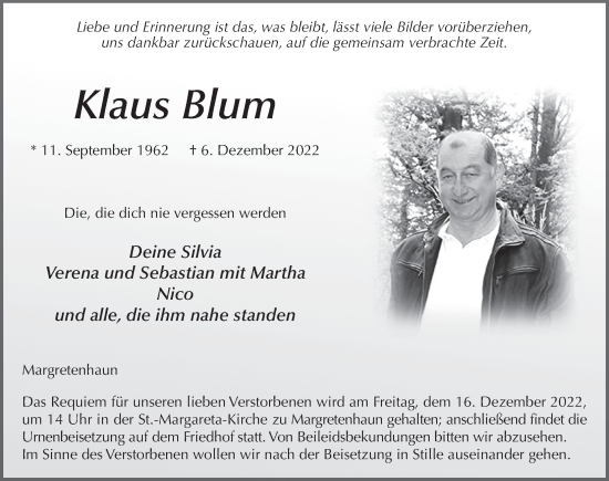 Traueranzeige von Klaus Blum