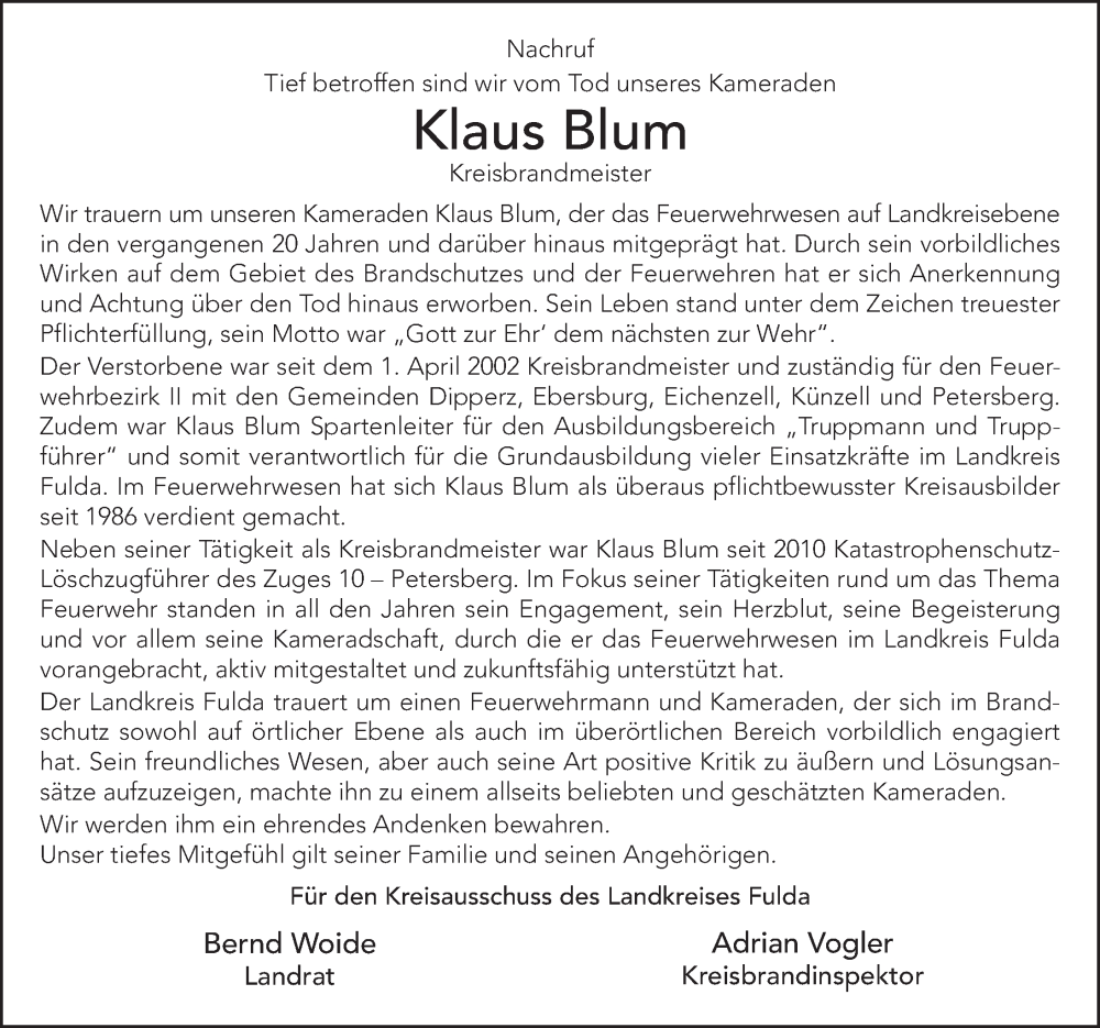  Traueranzeige für Klaus Blum vom 10.12.2022 aus FZ