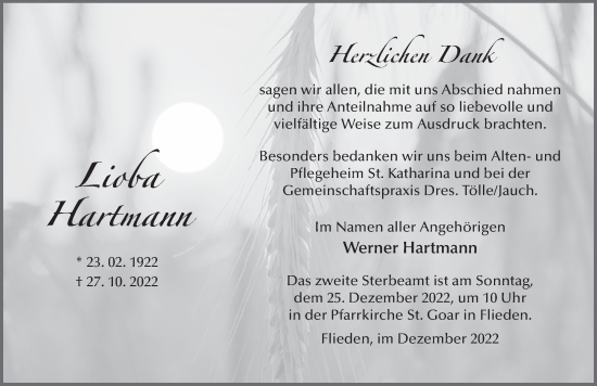 Traueranzeige von Lioba Hartmann von FZ