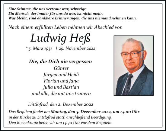 Traueranzeige von Ludwig Heß von FZ