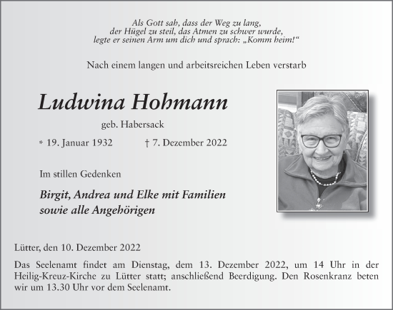 Traueranzeige von Ludwina Hohmann von FZ