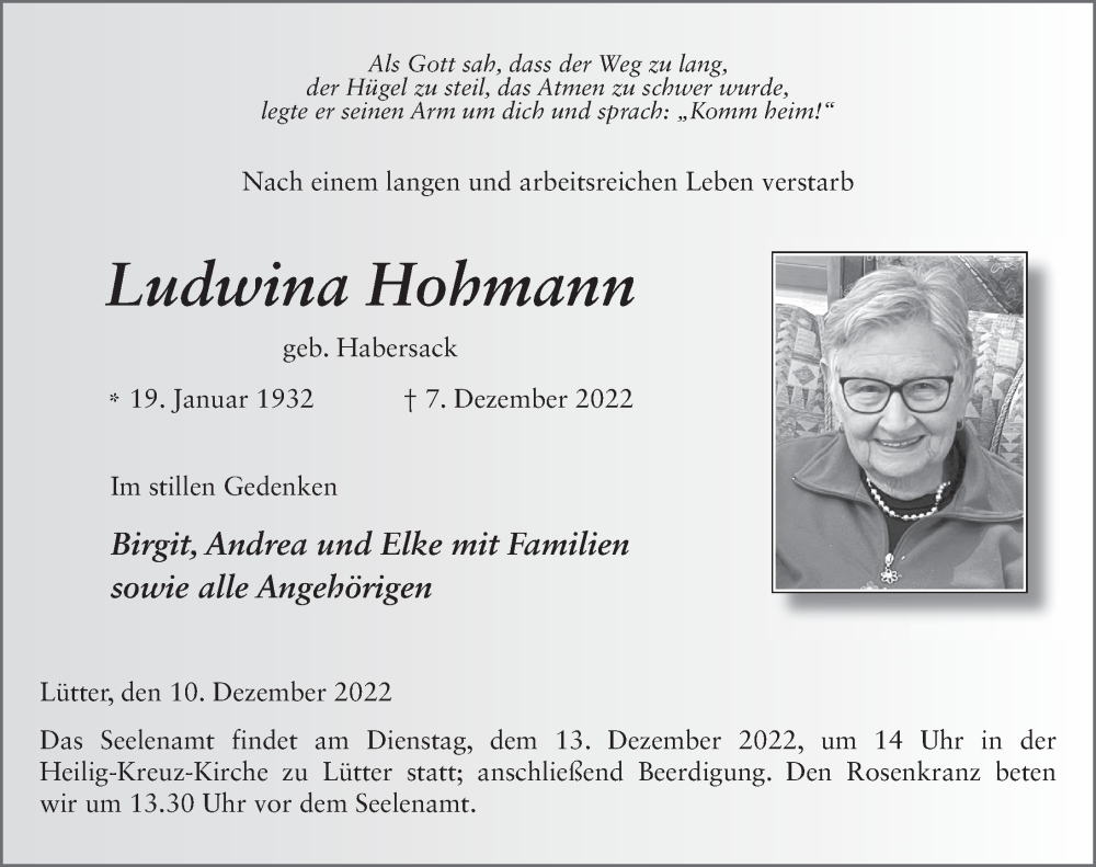  Traueranzeige für Ludwina Hohmann vom 10.12.2022 aus FZ