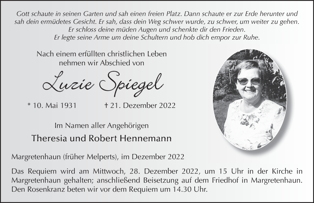  Traueranzeige für Luzie Spiegel vom 23.12.2022 aus FZ