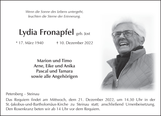 Traueranzeige von Lydia Fronapfel von FZ
