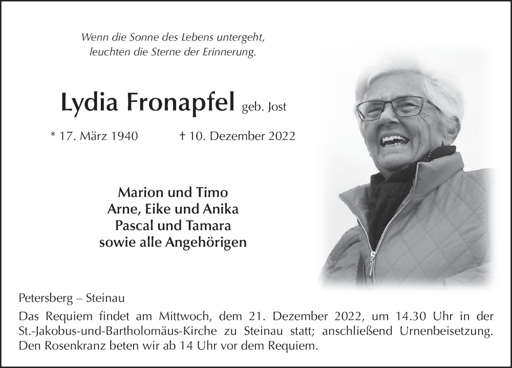  Traueranzeige für Lydia Fronapfel vom 16.12.2022 aus FZ
