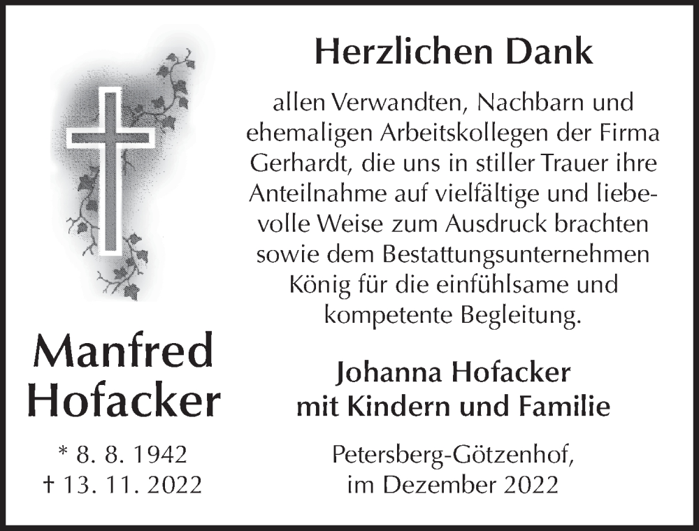  Traueranzeige für Manfred Hofacker vom 24.12.2022 aus FZ