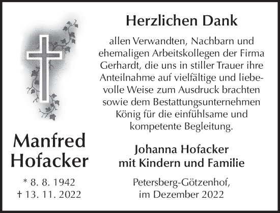 Traueranzeige von Manfred Hofacker