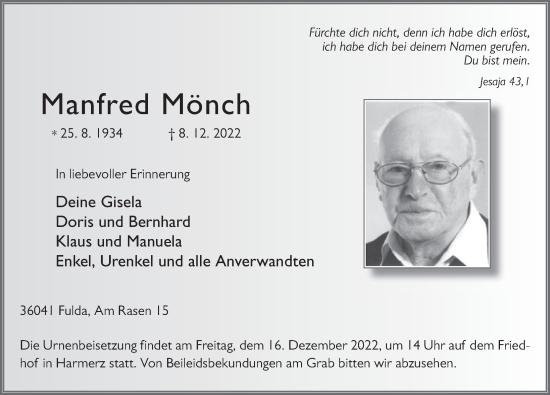 Traueranzeige von Manfred Mönch von FZ