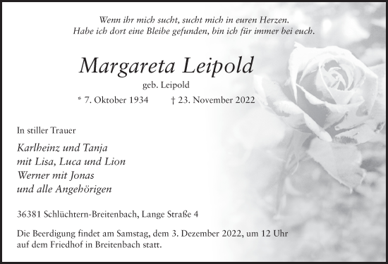 Traueranzeige von Margareta Leipold von FZ