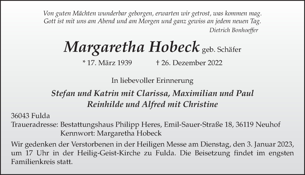  Traueranzeige für Margaretha Hobeck vom 31.12.2022 aus FZ