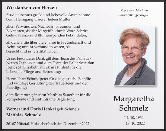 Traueranzeige von Margaretha Schmelz von FZ