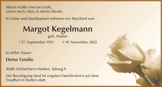 Traueranzeige von Margot Kegelmann von FZ