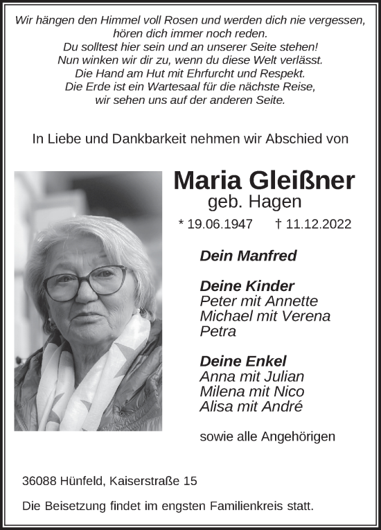 Traueranzeige von Maria Gleißner von FZ