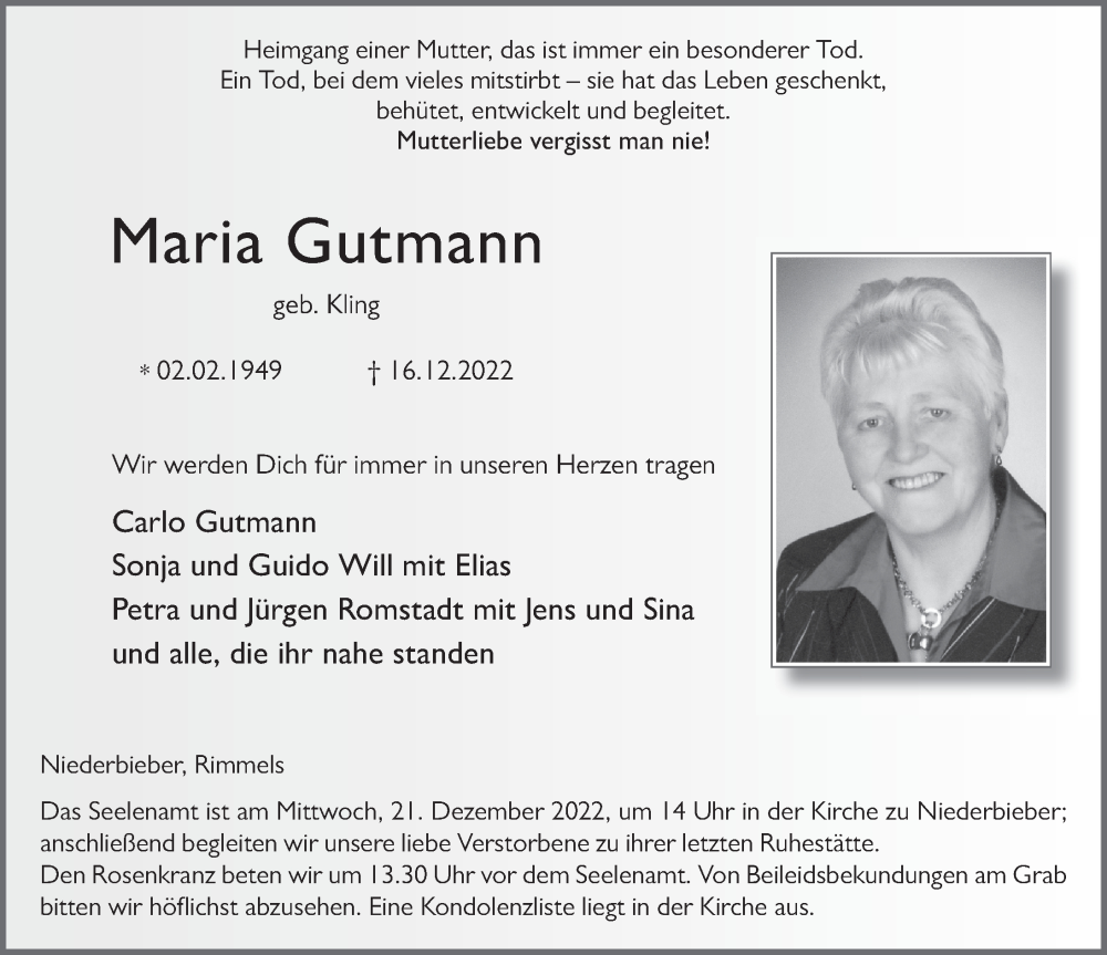  Traueranzeige für Maria Gutmann vom 20.12.2022 aus FZ