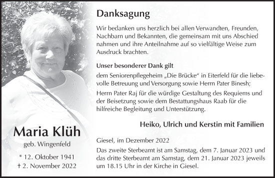 Traueranzeige von Maria Klüh von FZ