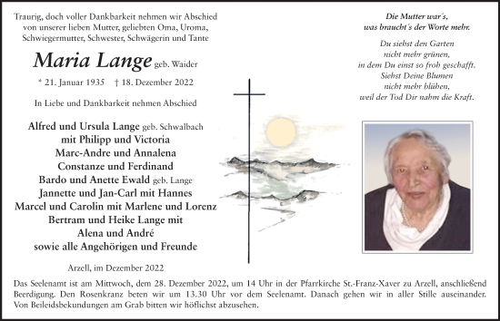 Traueranzeige von Maria Lange von FZ