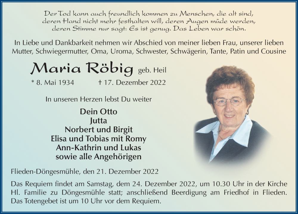 Traueranzeige für Maria Röbig vom 21.12.2022 aus FZ