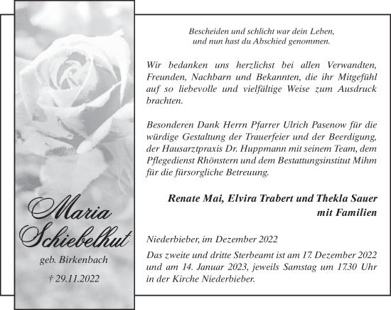 Traueranzeige von Maria Schiebelhut von FZ