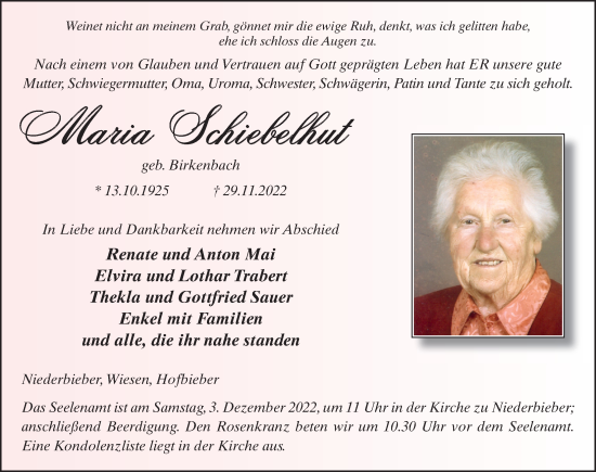 Traueranzeige von Maria Schiebelhut von FZ