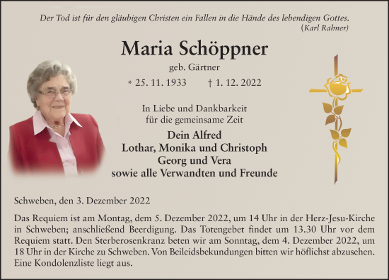 Traueranzeige von Maria Schöppner von FZ