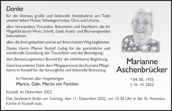 Traueranzeige von Marianne Aschenbrücker von FZ