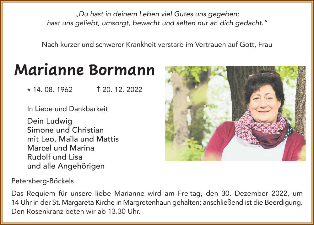  Traueranzeige für Marianne Bormann vom 24.12.2022 aus FZ