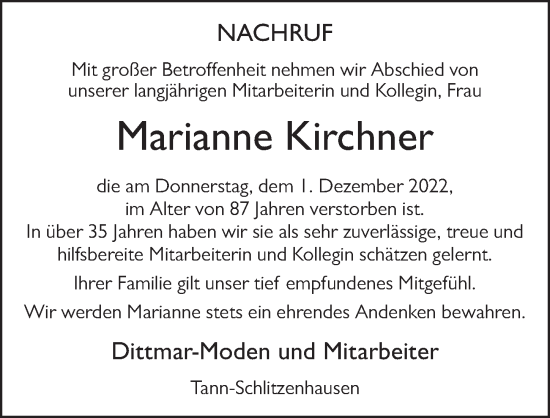 Traueranzeige von Marianne Kirchner von FZ