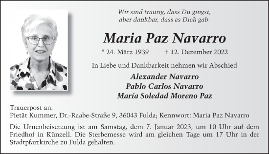 Traueranzeige von Maria Paz Navarro von FZ