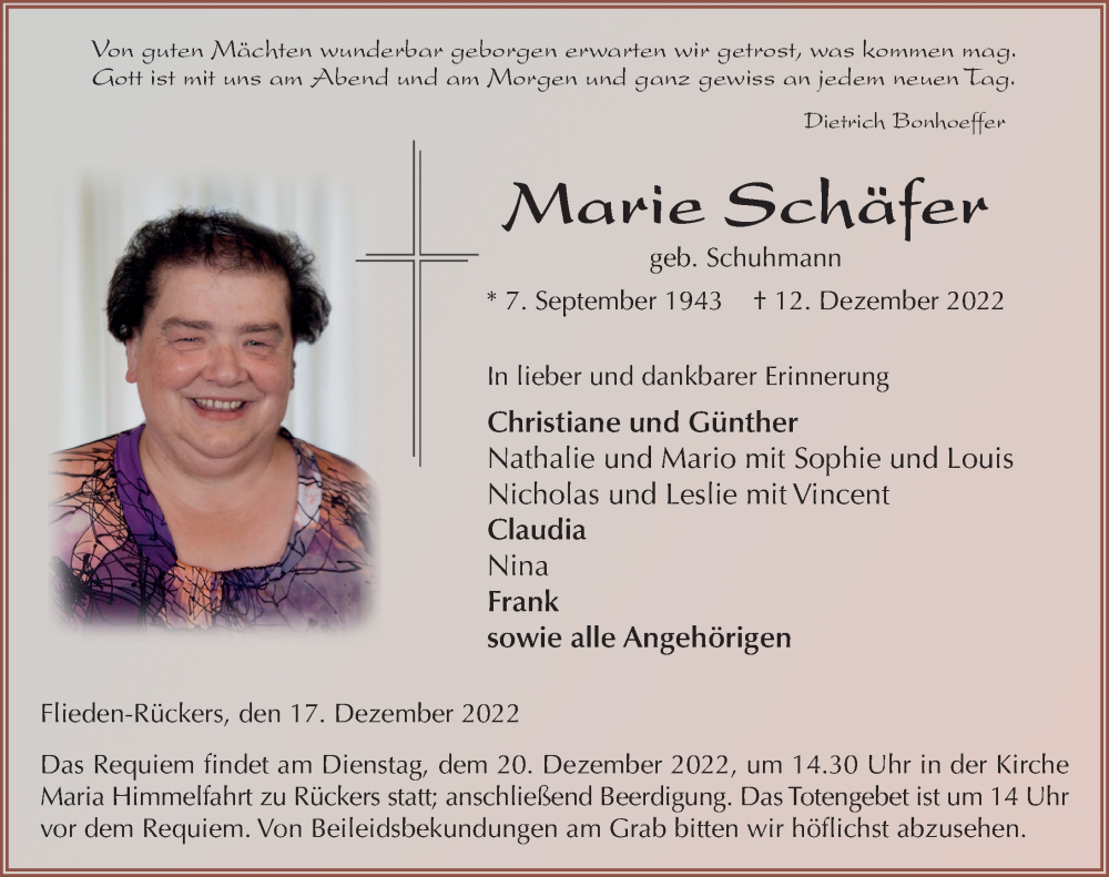  Traueranzeige für Marie Schäfer vom 17.12.2022 aus FZ
