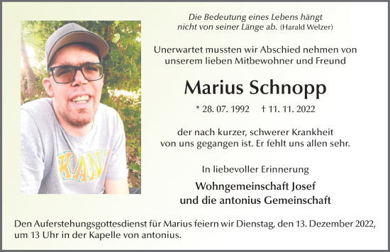 Traueranzeige von Marius Schnopp von FZ