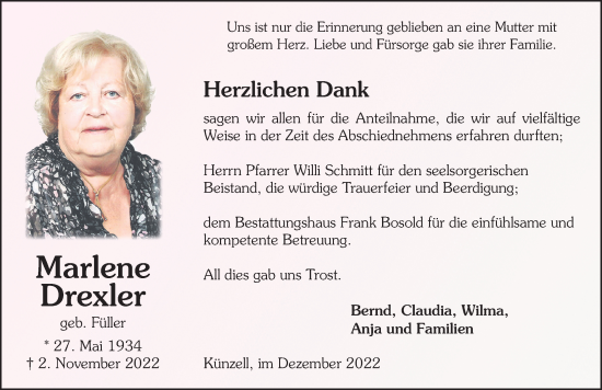 Traueranzeige von Marlene Drexler von FZ