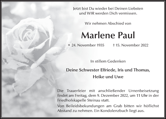 Traueranzeige von Marlene Paul von FZ