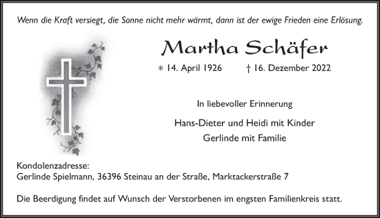 Traueranzeige von Martha Schäfer von FZ