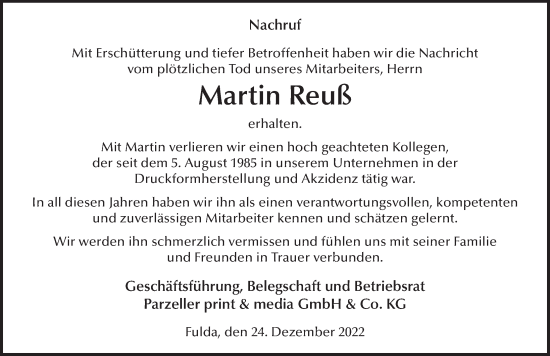 Traueranzeige von Martin Reuß von FZ