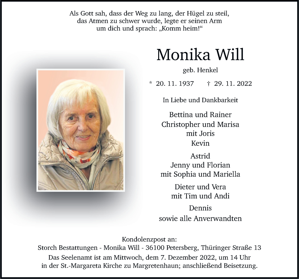  Traueranzeige für Monika Will vom 03.12.2022 aus FZ