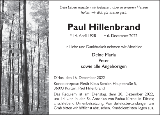 Traueranzeige von Paul Hillenbrand von FZ