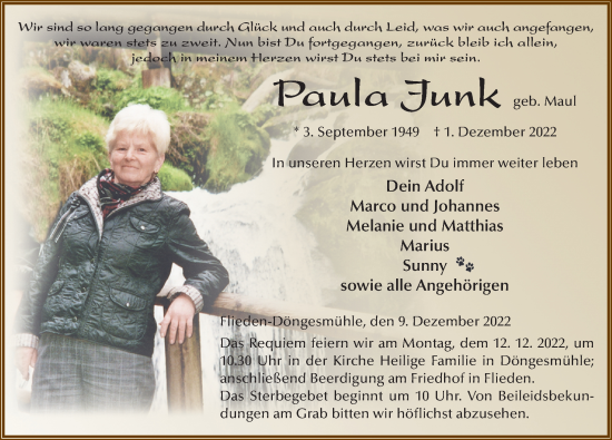 Traueranzeige von Paula Junk von FZ