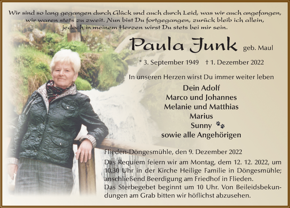  Traueranzeige für Paula Junk vom 09.12.2022 aus FZ