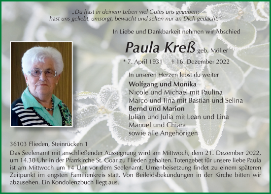 Traueranzeige von Paula Kreß von FZ