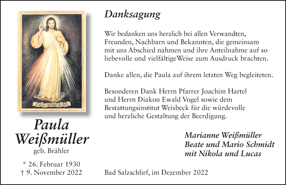  Traueranzeige für Paula Weißmüller vom 03.12.2022 aus FZ