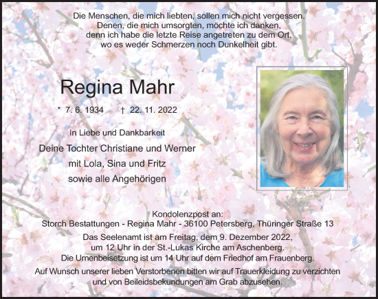 Traueranzeige von Regina Mahr von FZ