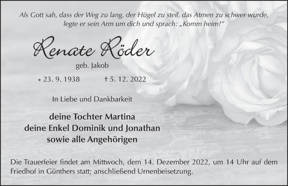  Traueranzeige für Renate Röder vom 09.12.2022 aus FZ