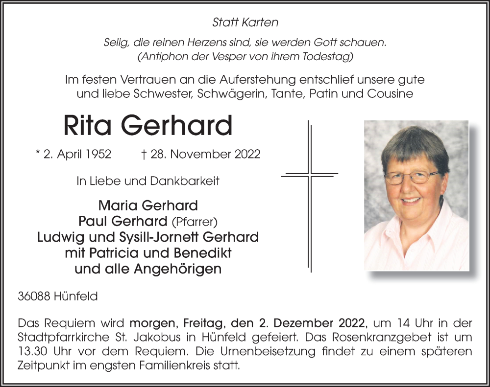  Traueranzeige für Rita Gerhard vom 01.12.2022 aus FZ